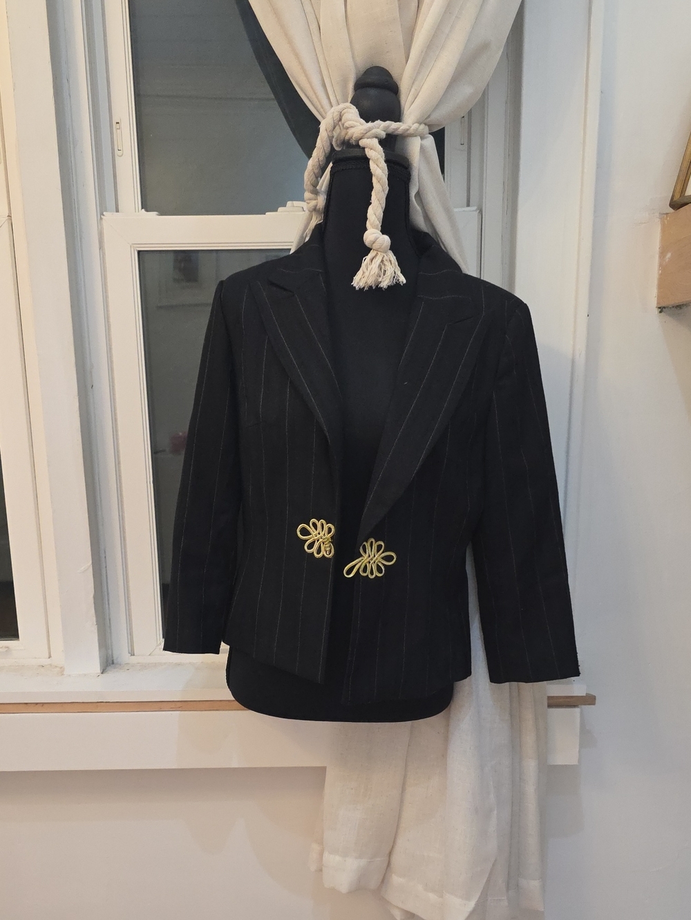 WD.NY Black Pinstripe Blazer with Gold Knot Buttons